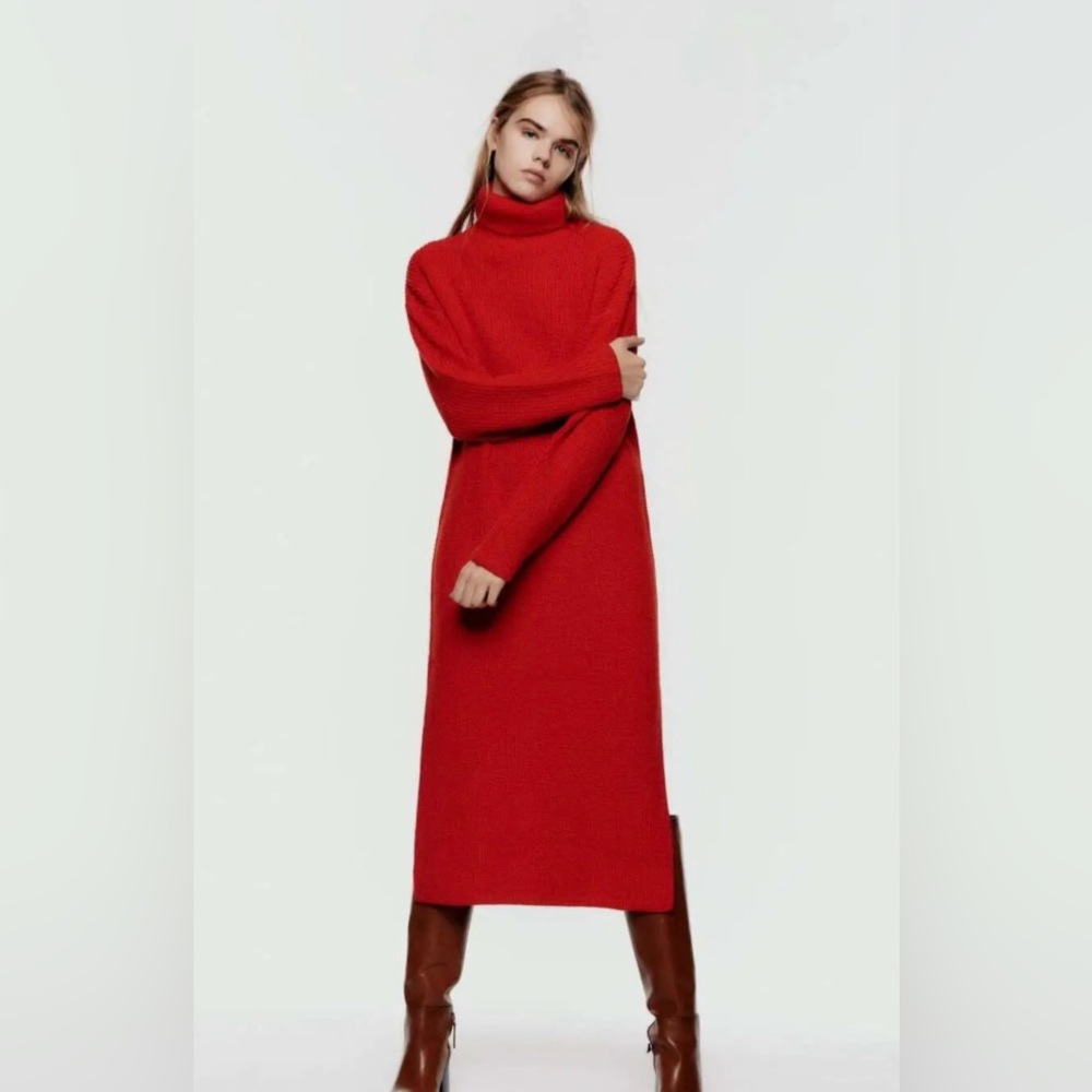 ZARA midi High Neck Turtleneck Chunky Knit Dress With Wool, Bright Red